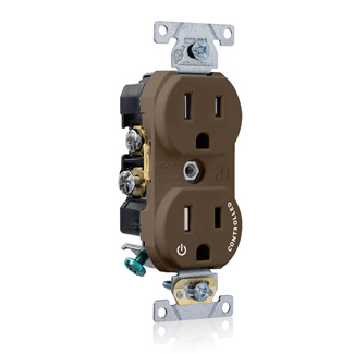 TBR15-S1 Duplex Self-Grounding Tamper Resistant Straight Blade Receptacle With 1 Plug Controlled Markings, 125 V AC, 15 A, 2 Poles, 3 Wires, Brown
