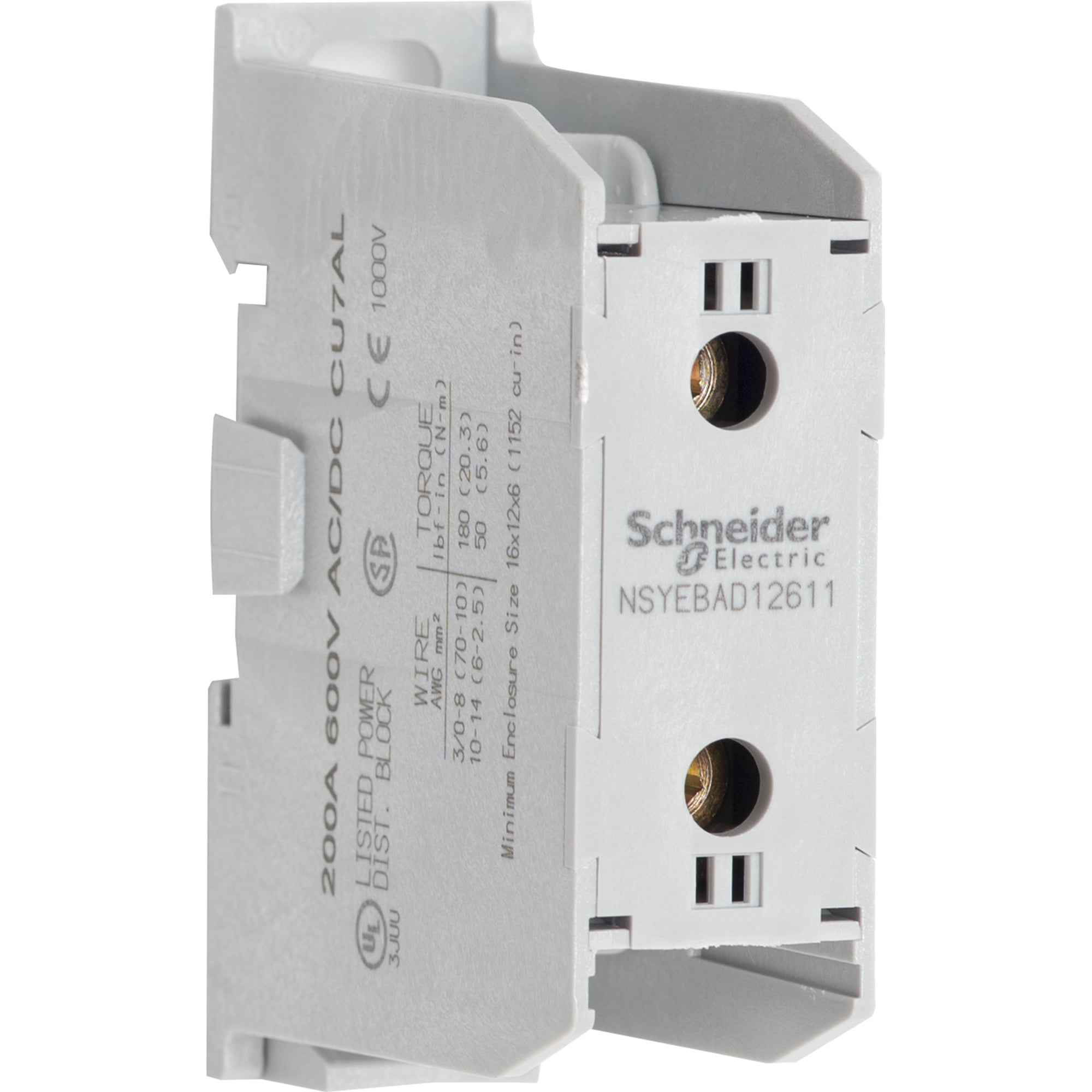 NSYEBAD12611 Power Distribution Block, 600 V AC/DC, 155/200 A, 14 to 3/0 AWG Cu Line, 14 to 3/0 AWG Cu Load Wire, Thermoplastic