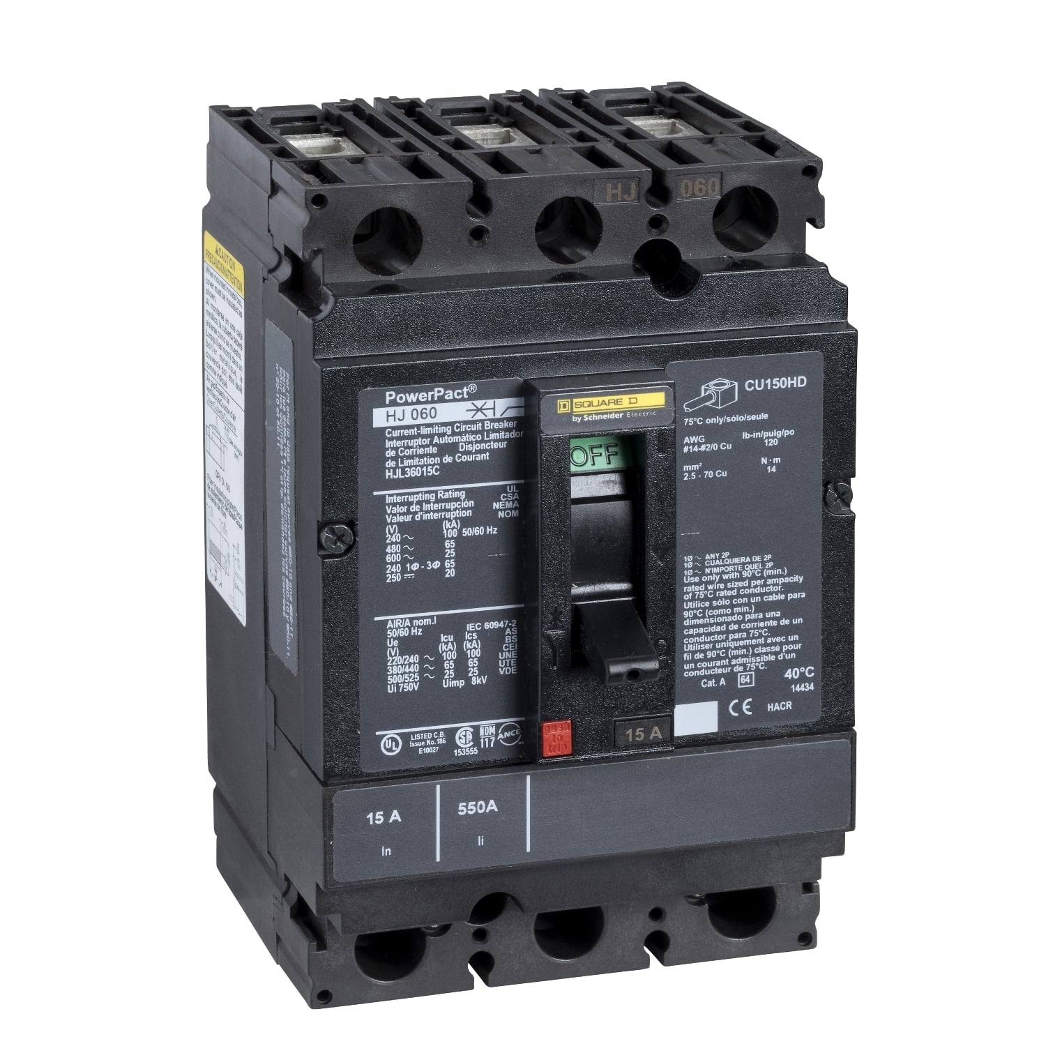 HJL36015C PowerPact Type HJL 100% Rated Molded Case Circuit Breaker, 600 V AC/250 V DC, 15 A, 20/25/65/100 kA Interrupt, 3 Poles, Thermal Magnetic Trip