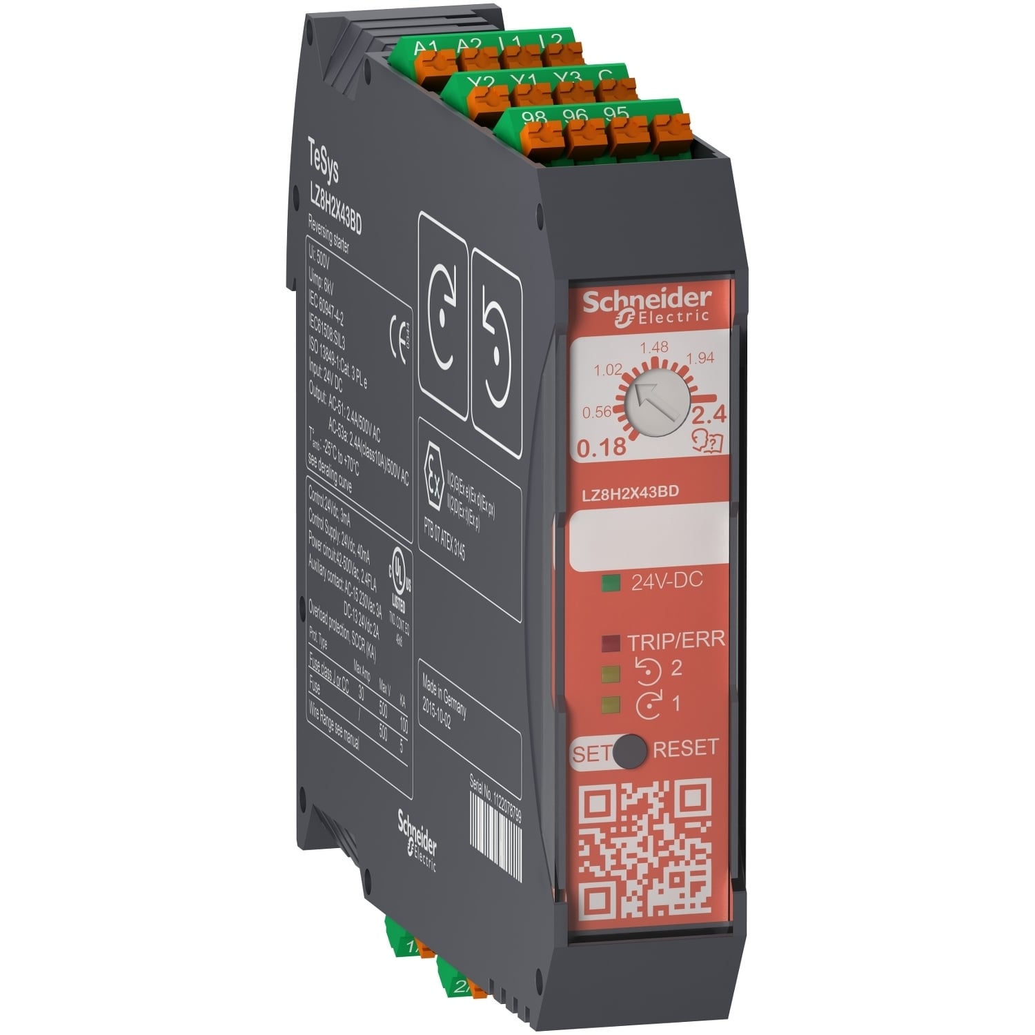 LZ8H2X43BD Ultra Compact Motor Starter, 24 VDC V Coil, Direct/Reverse Action, 3 Poles, IP20 Enclosure