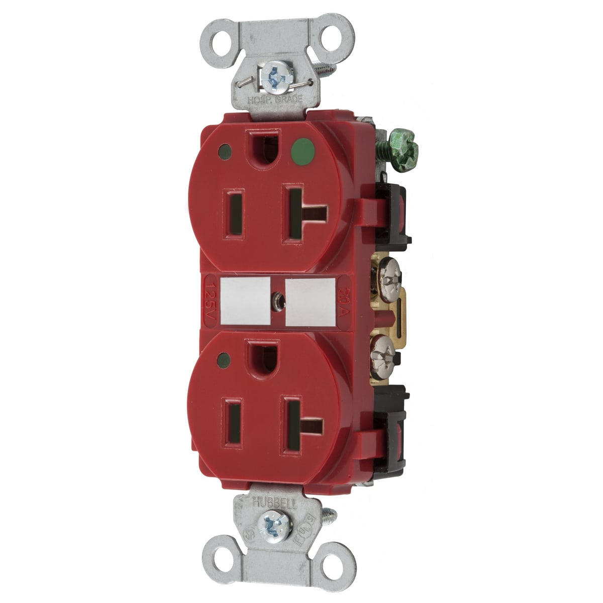 8300REDL Decorator Duplex Heavy Duty Self-Grounding Standard Traditional Straight Blade Receptacle With LED Power Indicator, 125 VAC, 20 A, 2 Poles, 3 Wires, Red