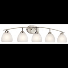 This 5 light bath light from the Kichler Calleigh(TM) Collection features satin etched goblets of cased opal glass balancing on an arched and tapered arm in Olde Bronze, providing a clean, crisp contemporary flair. May be installed with the glass up or down.