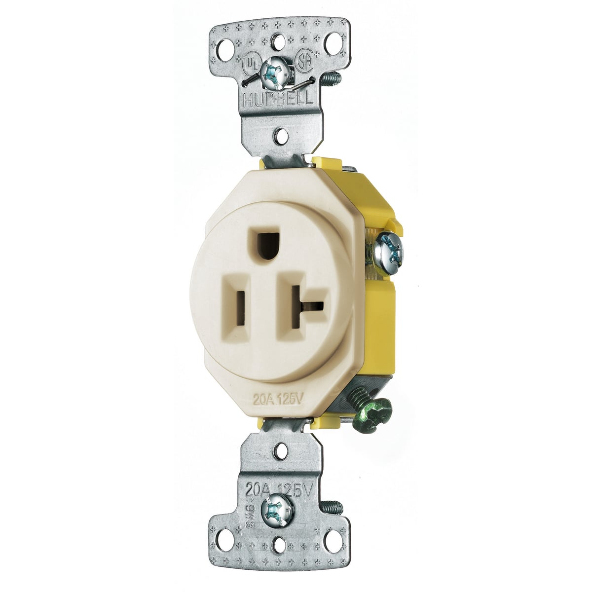 RR201LA 1-Phase Single Self-Grounding Standard Screw Mount Straight Blade Receptacle, 125 V AC, 20 A, 2 Poles, 3 Wires, Light Almond