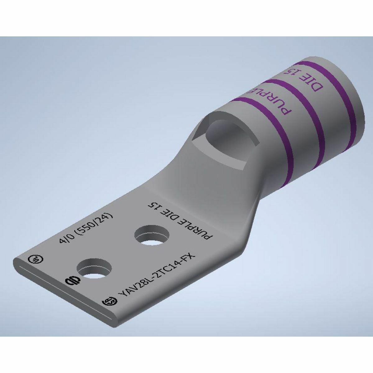 YAV28L2TC14FX YAV-L-2TC-FX 2-Hole Compression Lug With Inspection Window, 4/0 AWG Flexible/Stranded Copper Conductor, Die Code: 15, 1/4 in Stud, Copper