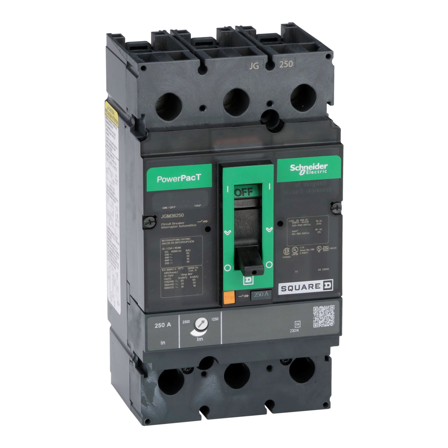 JGM36250 PowerPact Type JGM Molded Case Circuit Breaker, 600 V AC/500 V DC, 250 A, 65 kA at 240 VAC/35 kA at 480 VAC/18 kA at 600 VAC/20 kA at 250 VDC Interrupt, 3 Poles, Thermal Magnetic Trip