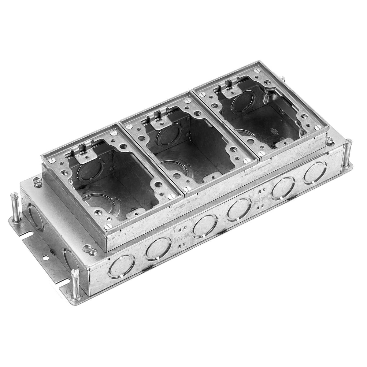 BA2423 B24 Fully Adjustable Shallow Standard Sized Floor Box, Stamped Steel, 34 cu-in/Gang Capacity, 3 Gangs, (18) Knockouts, 4.81 in L x 12.5 in W x 2.74 in H