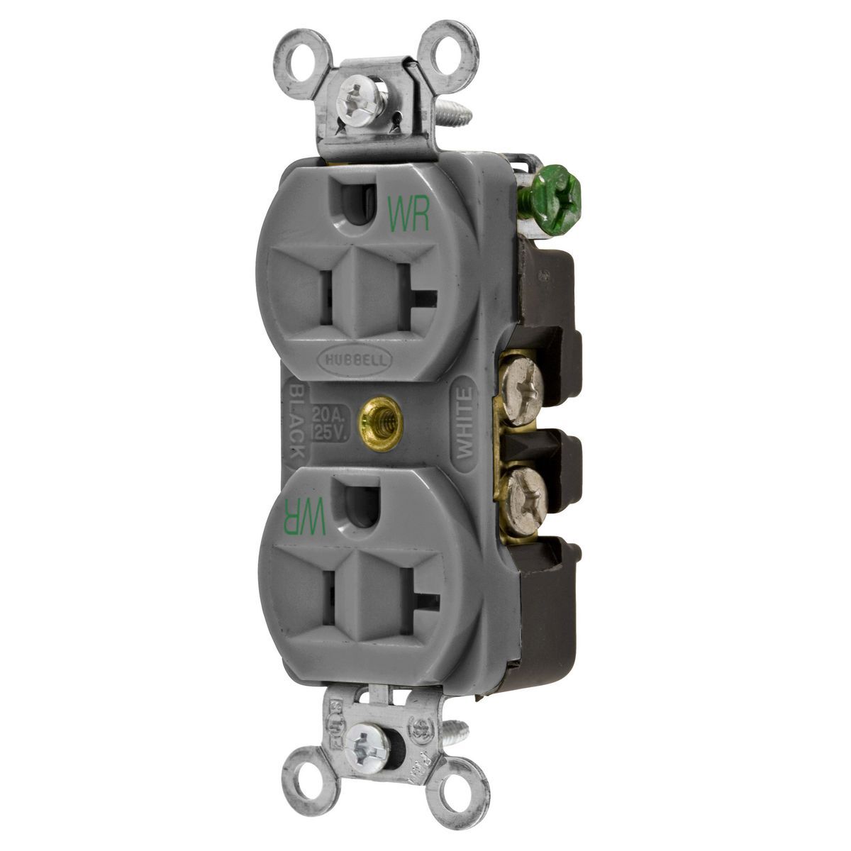 5362GYWR 1-Phase Duplex Grounding Heavy Duty Standard Traditional Weather-Resistant Screw Mount Straight Blade Receptacle, 125 V AC, 20 A, 2 Poles, 3 Wires, Gray
