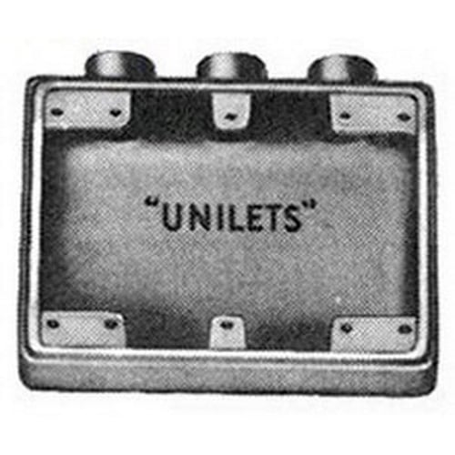 FSS-3-75 Unilets Type FSS Heavy Duty Shallow Device Box With Internal Ground Screw, Malleable Iron, 40 cu-in Capacity, 3 Gangs, 2 Outlets, 2 Knockouts, 5.88 in H x 6.44 in W x 2 in D
