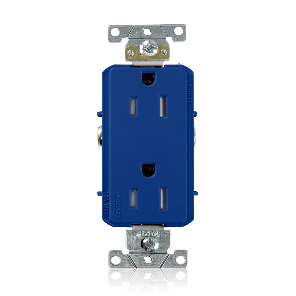 TDR15-BU Decora Duplex Self-Grounding Straight Blade Receptacle, 125 V AC, 15 A, 2 Poles, 3 Wires, Blue