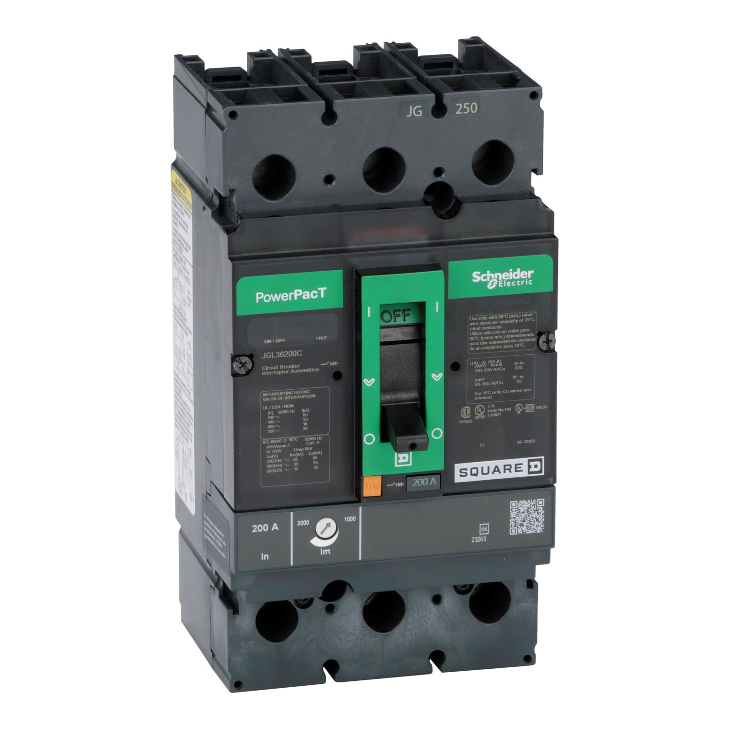 JGL36200C PowerPact Type JGL Molded Case Circuit Breaker, 600 VAC, 500 VDC, 200 A, 18/20/35/65 kA Interrupt, 3 Poles, Thermal Magnetic Trip