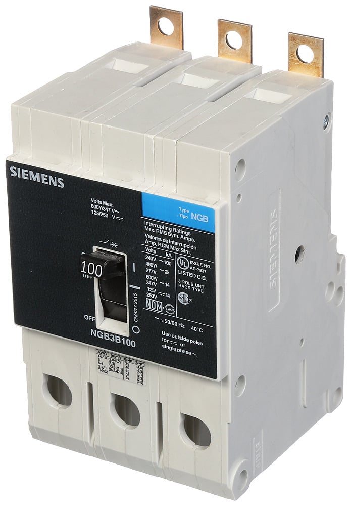 NGB3B100B Type NGB Low Voltage Molded Case Circuit Breaker, 600Y/347 V AC, 100 A, 14 kA Interrupt, 3 Poles, Thermal Magnetic Trip