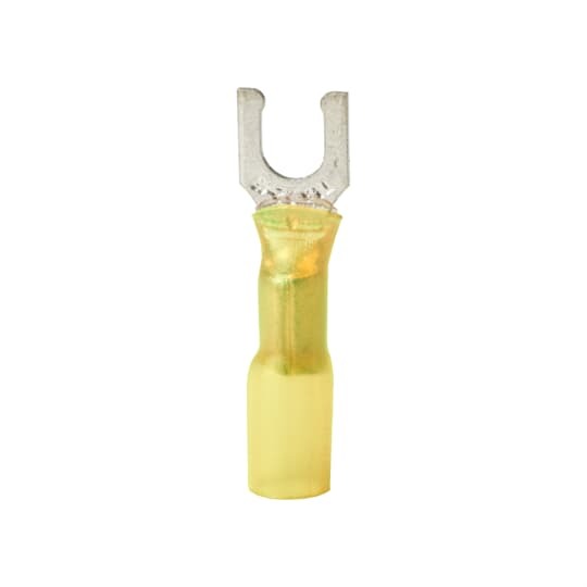 RCS10-8FLX Sta-Kon Heat Shrinkable Insulated Fork Terminal, 12 to 10 AWG Conductor, 1.35 in L, Copper, Yellow
