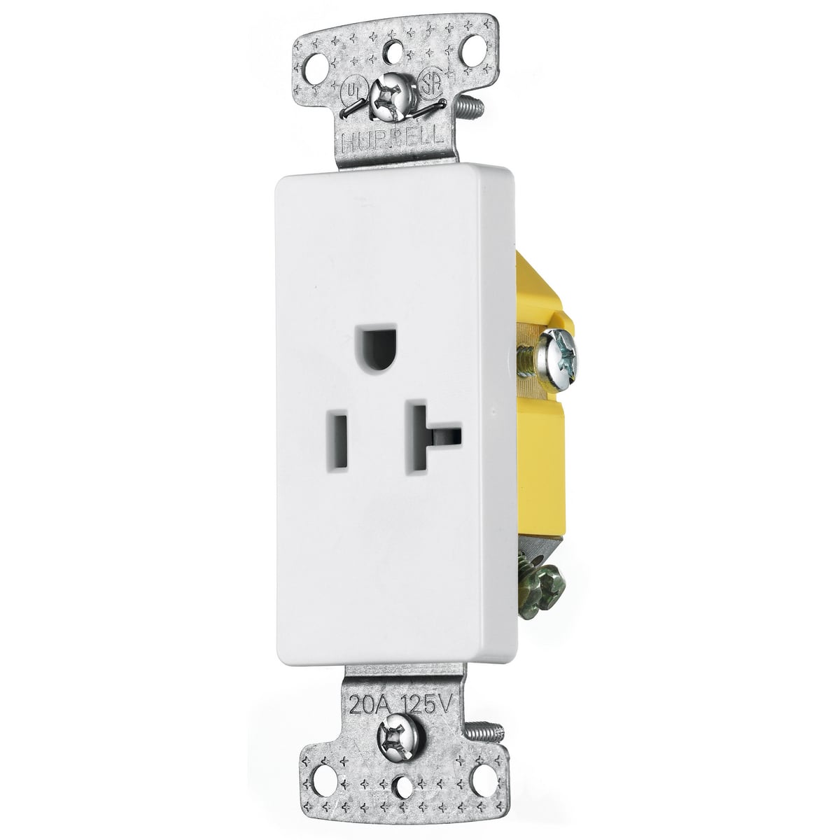 RRD201W 1-Phase Decorator Single Self-Grounding Standard Screw Mount Straight Blade Receptacle, 125 V AC, 20 A, 2 Poles, 3 Wires, White