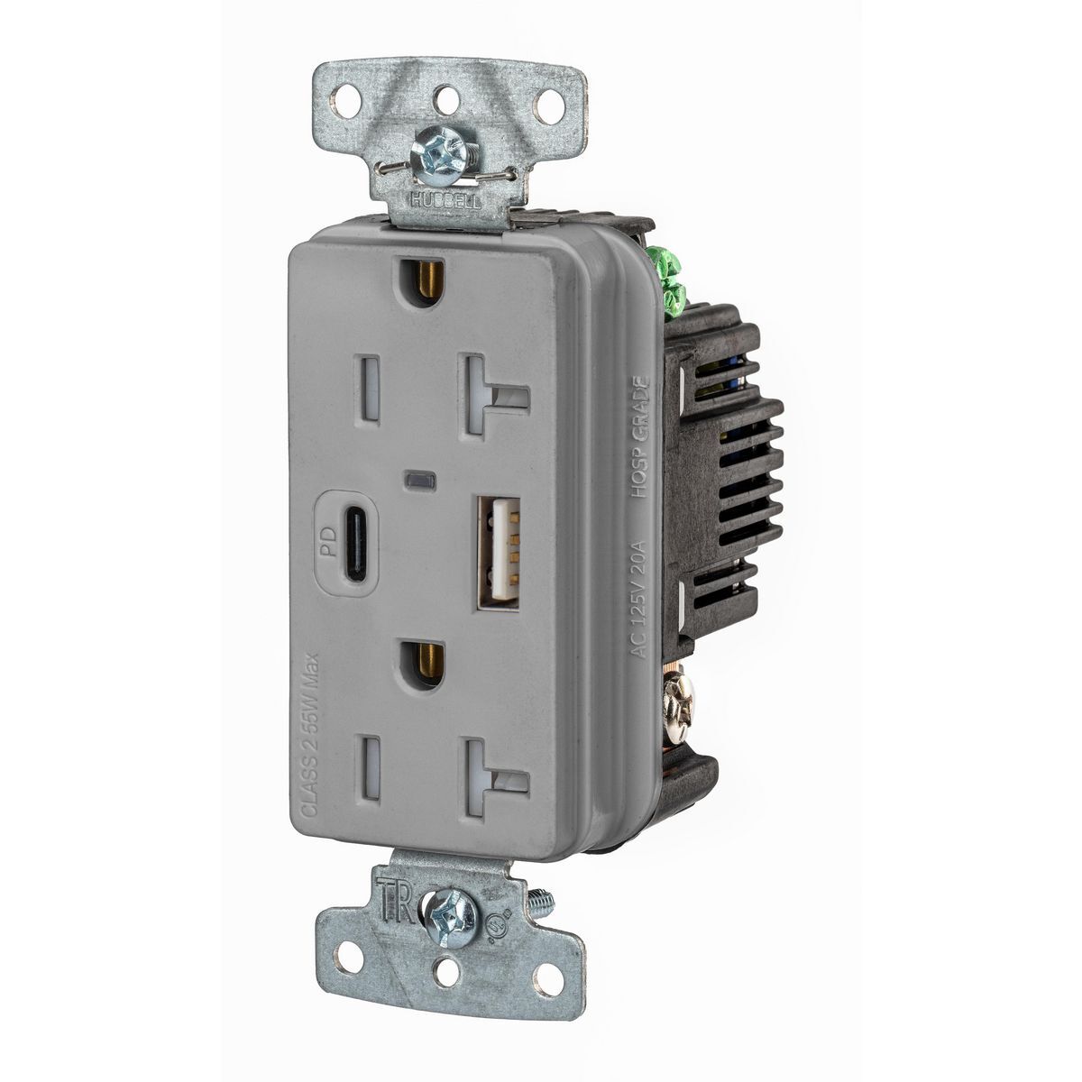 USB20ACPDGY USB Charger Tamper Resistant USB, Electrical Ratings: 125 V AC, 20 A, 2 Poles, 3 Wires, Gray