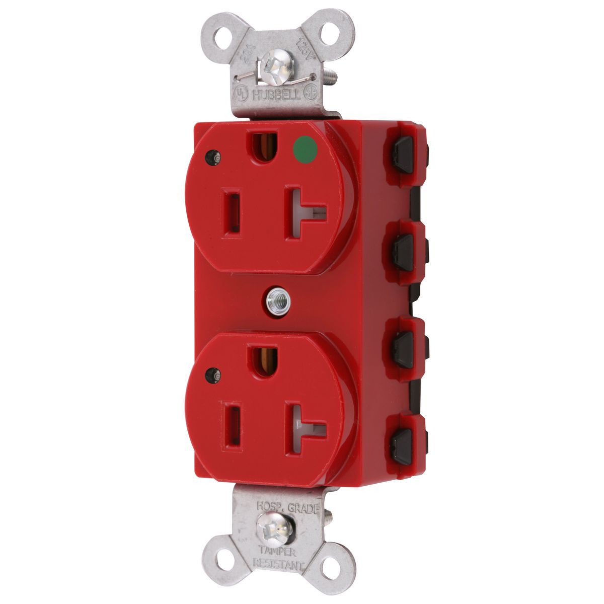 SNAP8300RLTRA 1-Phase Duplex Extra Heavy Duty Grounding Standard Tamper-Resistant Screw Mount Straight Blade Receptacle With Power Indicating LED, 125 VAC, 20 A, 2 Poles, 3 Wires, Red