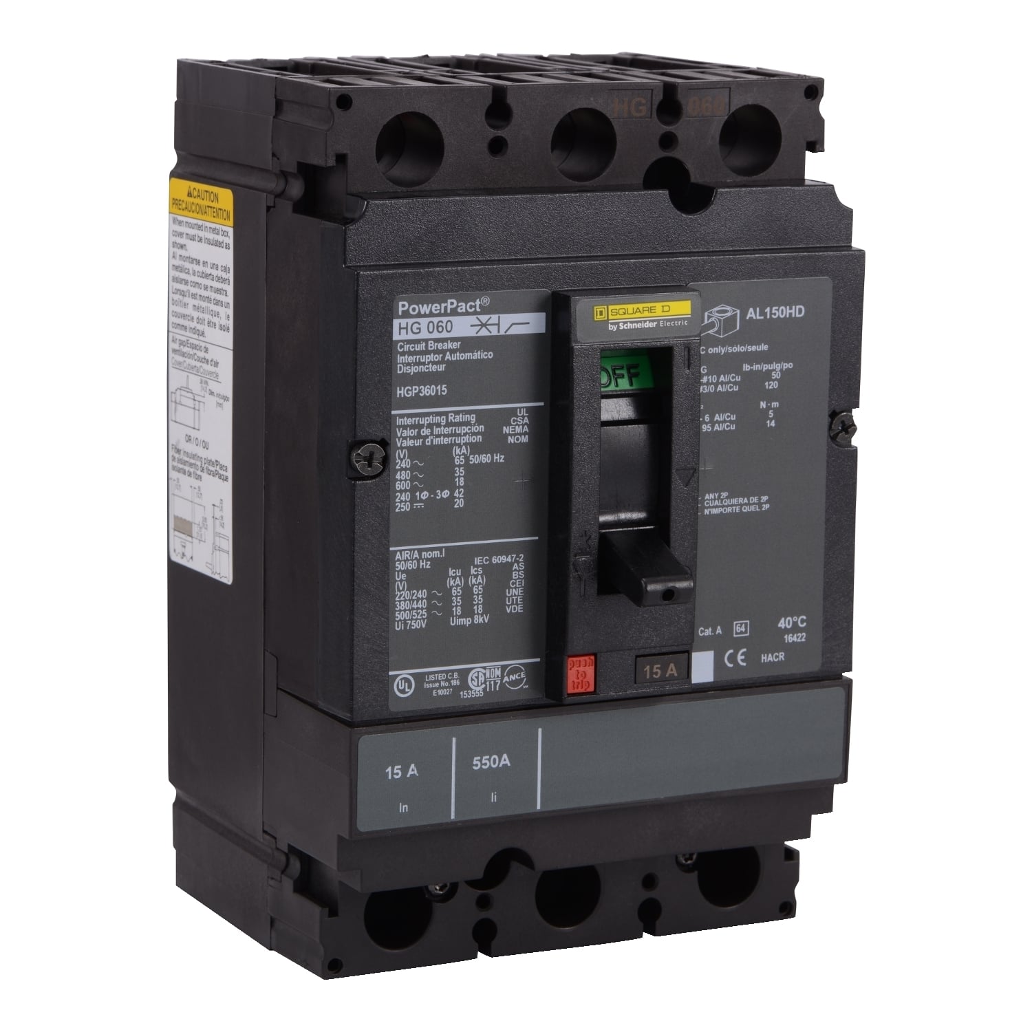 HGP36070 I-Line PowerPact Type HGP Molded Case Circuit Breaker, 600 VAC, 250 to 500 VDC, 70 A, 18/20/35/65 kA Interrupt, 3 Poles, Thermal Magnetic Trip