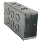 Thru-Wall Box for Concrete Block, 53 Cubic Inches, 3-11/16 Inches Long x 2-1/8 Inches Wide x 7-1/2 Inches Deep, 1/2 Inch and 3/4 Inch Concentric Knockouts, Galvanized Steel, For use with Concrete Block
