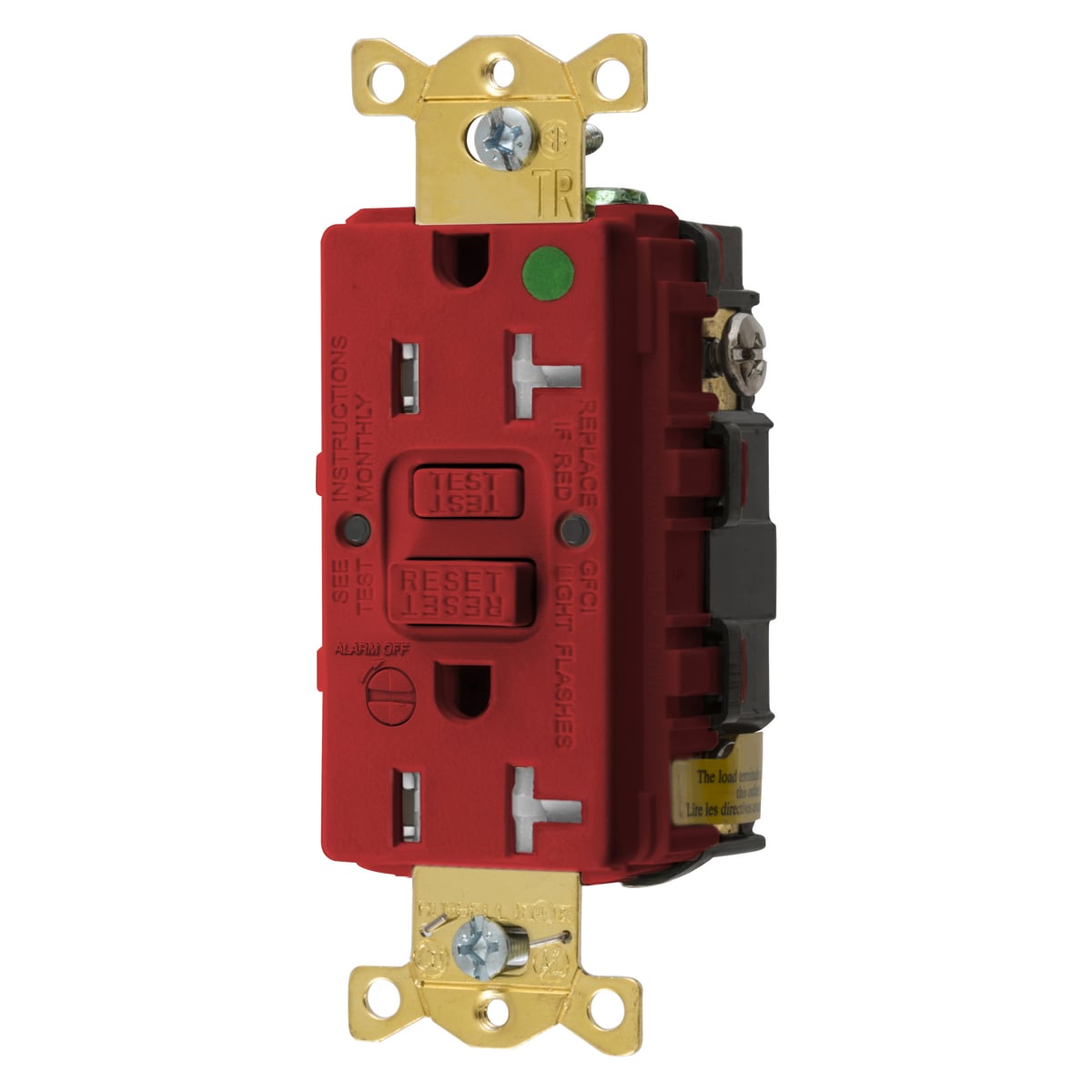GFTRST83RB 1-Phase Heavy Duty Standard Self-Test Tamper Resistant Screw Mount GFCI Receptacle With Alarm, 125 VAC, 20 A, 2 Poles, 3 Wires, Red