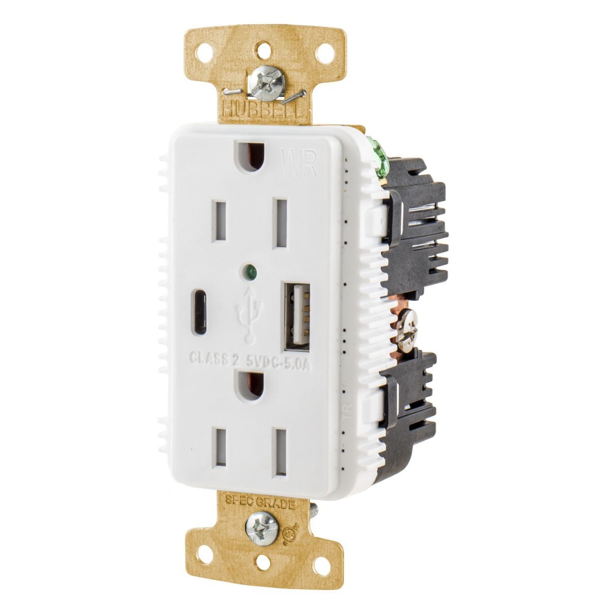 USB15AC5WWR Decorator Duplex Heavy Duty Grounding Standard Tamper-Resistant Weather-Resistant USB Charger Receptacle With Green LED, 125 V, 15 A, 1875 W, 1 Phase, 2 Poles, 3 Wires, White