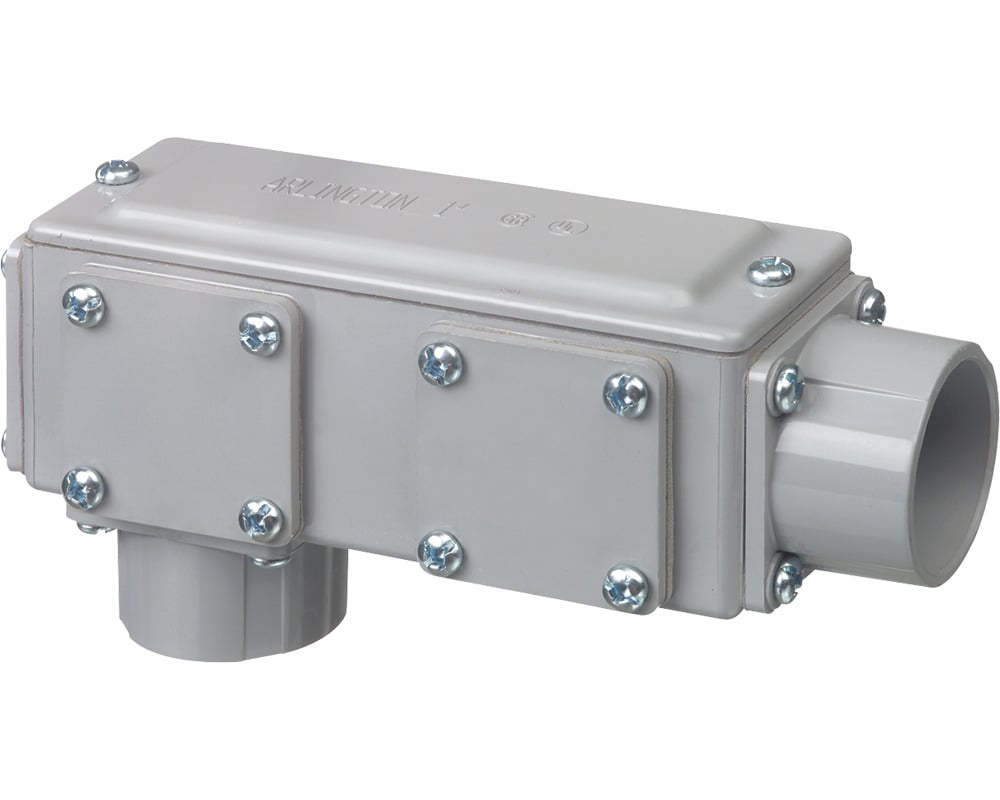 Non-Metallic. five conduit bodies in one. Ships as an LB but converts to a T, LL, LR, or C. Trade Size 2"