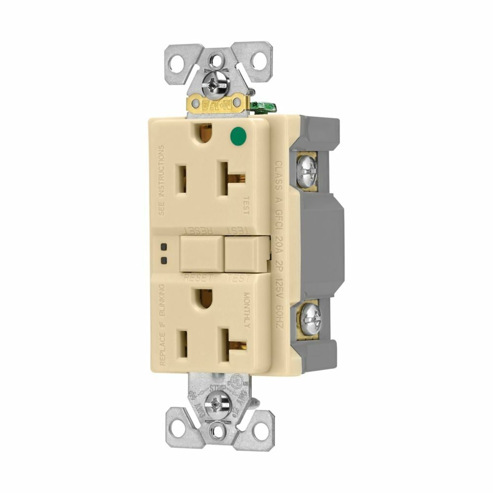 Eaton hospital grade GFCI receptacle,Self-test,#14 - 10 AWG,20A,Residential,Commercial,Flush,125 V,GFCI,Back and side wire,Ivory,Brass,Receptacle,Nylon,5-20R,Two-pole, three-wire, grounding