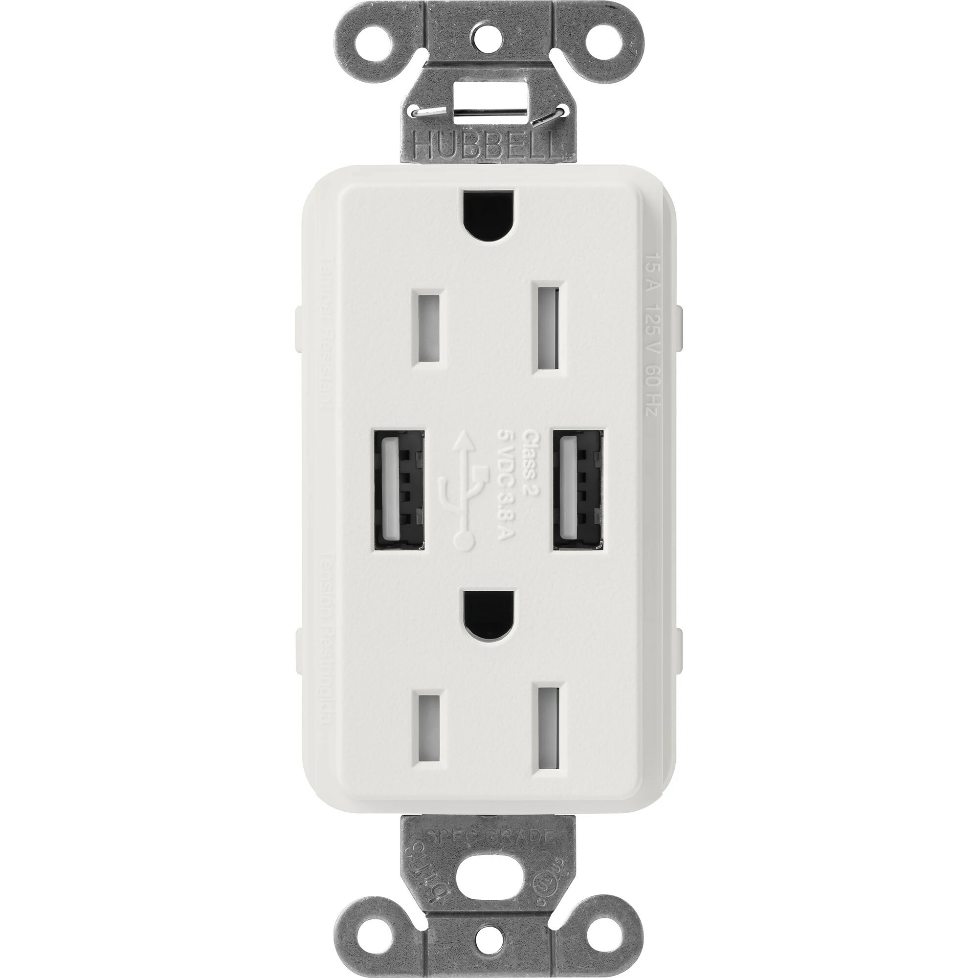 SCR-15-UBTR-LG Claro Tamper-Resistant USB-A Duplex Receptacle, Decorator-Style Outlet, 15 Amp, Self-Testing, Satin, Lunar Gray