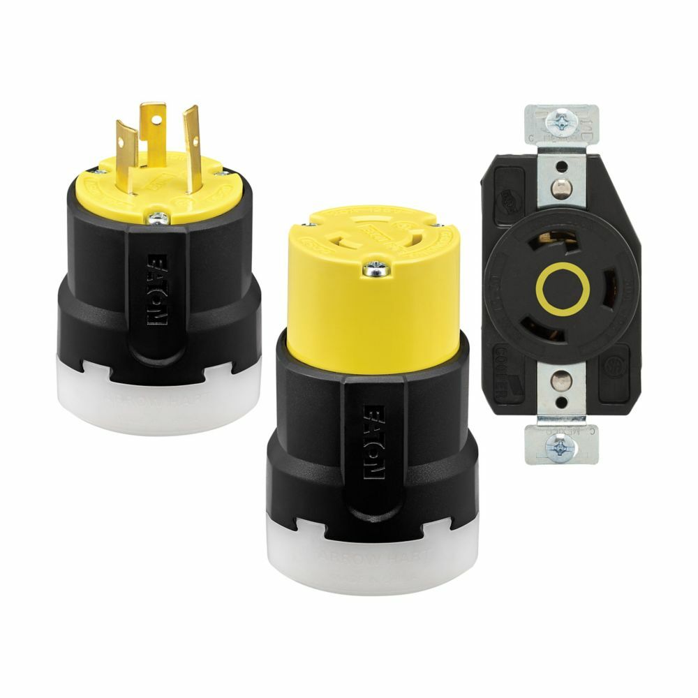 Eaton Arrow Hart Color Coded Locking Flanged Inlet, #14-8 AWG, 30A, Industrial, 125V, Back, Yellow, Black, Ultra grip, Nylon, L5-30, Two-pole, Three-wire, Nylon, -40C (w/o impact) to 60C (-40F to 140F)