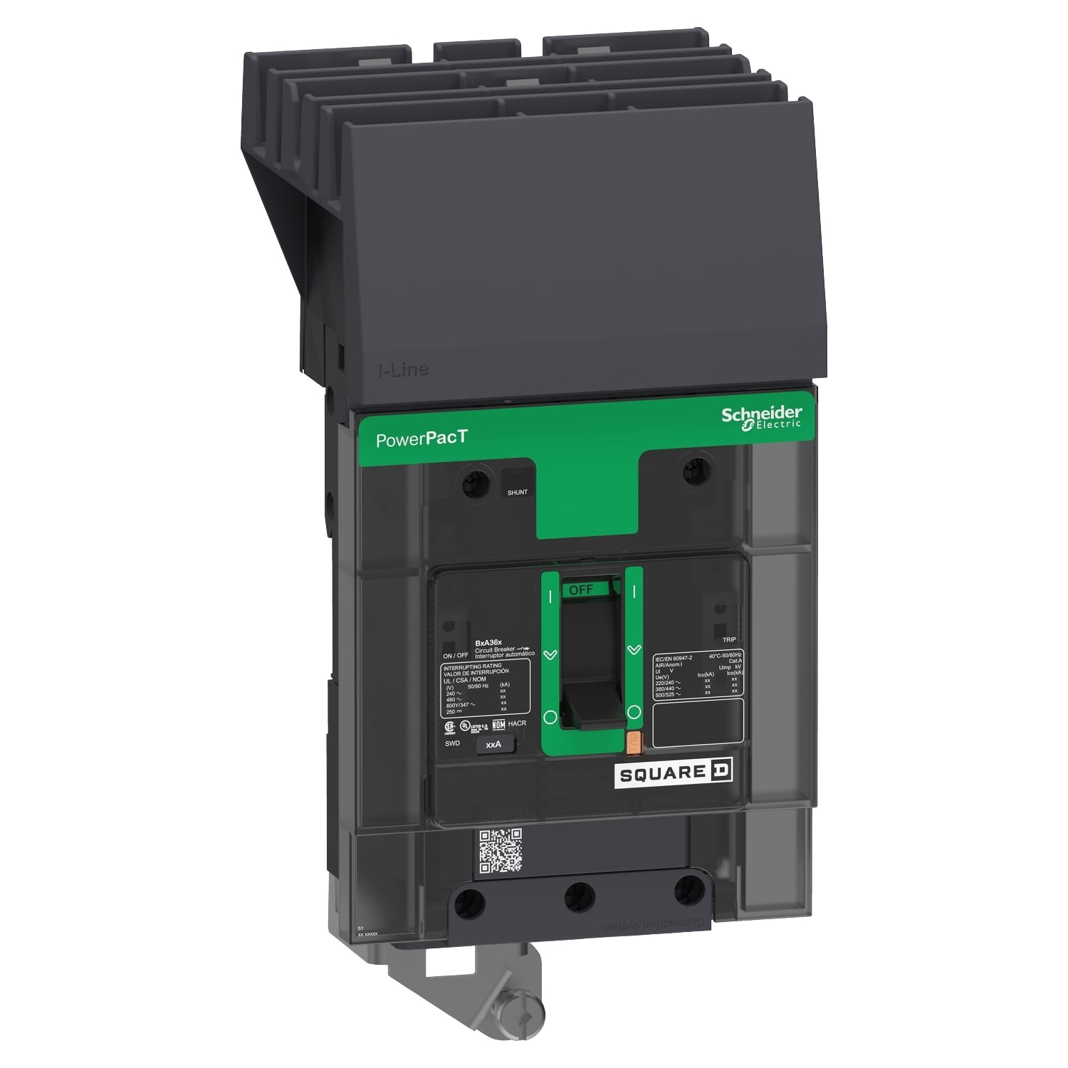 BGA36125 PowerPact I-Line Type BGA Molded Case Circuit Breaker, 600Y/347 V AC, 125 A, 18 kA Interrupt, 3 Poles, Thermal Magnetic Trip