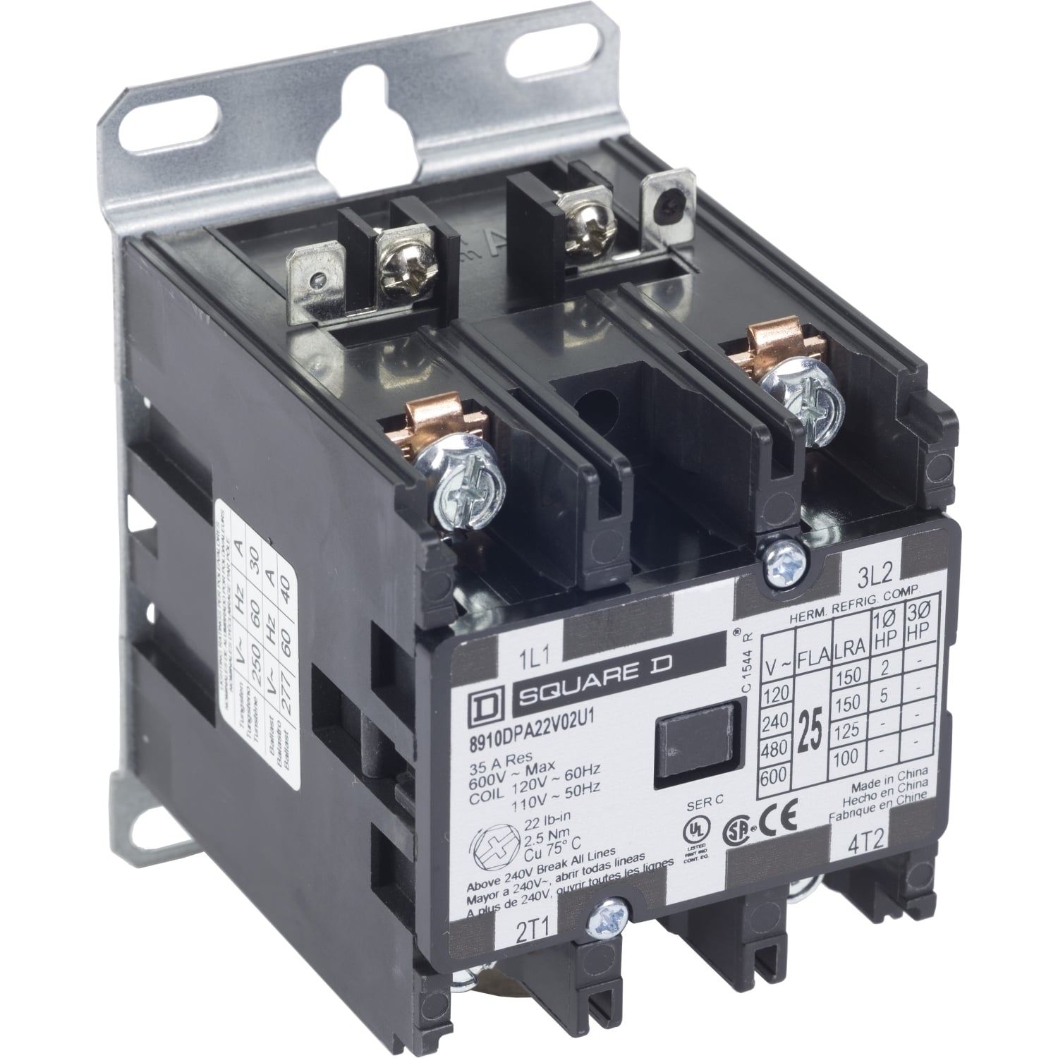 Contactor, Definite Purpose,  25A, 3 pole, 20 HP at 575 VAC, 3 phase, 208/240 VAC 60 Hz 220 VAC 50 Hz coil, UL Listed