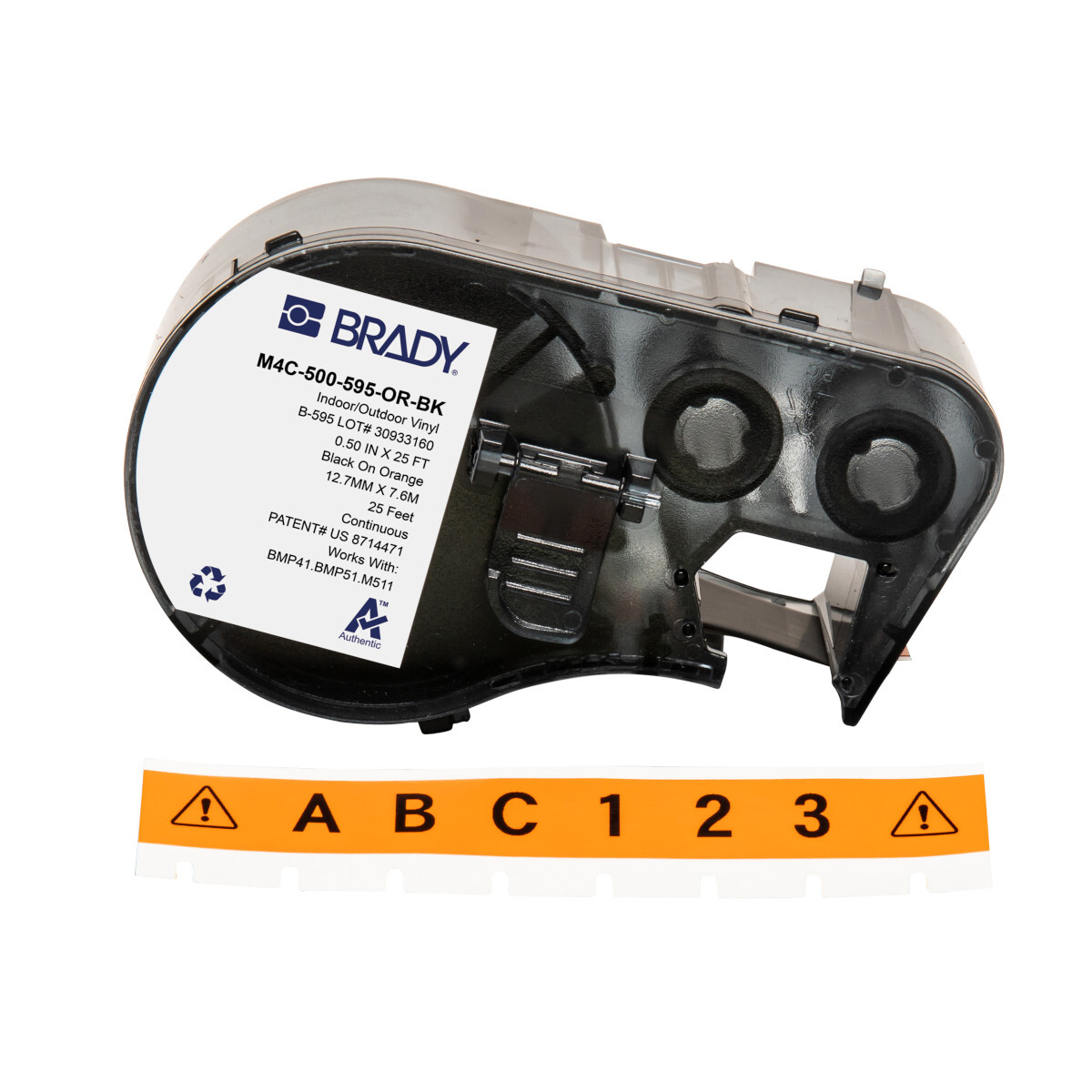 M4C-500-595-OR-BK General Permanent Adhesive, 25 ft L x 0.5 in W, Black on Orange, B-595 Vinyl