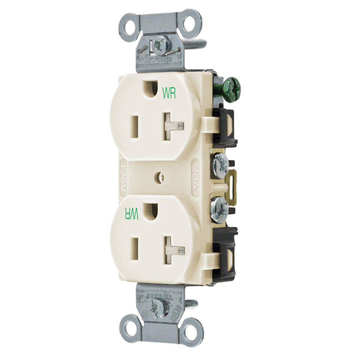 BR20LAWRTR 1-Phase Duplex Self-Grounding Standard Tamper/Weather-Resistant Traditional Screw Mount Straight Blade Receptacle, 125 VAC, 20 A, 2 Poles, 3 Wires, Light Almond