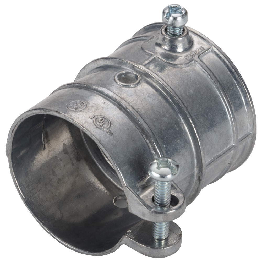 285-DCR Bridgeport Mighty-Merge Setscrew Transition Coupling, 1-1/2 in, For Use With Mighty-Merge Threadless Rigid Conduit to FMC Fitting, Die Cast Zinc, Ball Burnished/Mirror Smooth