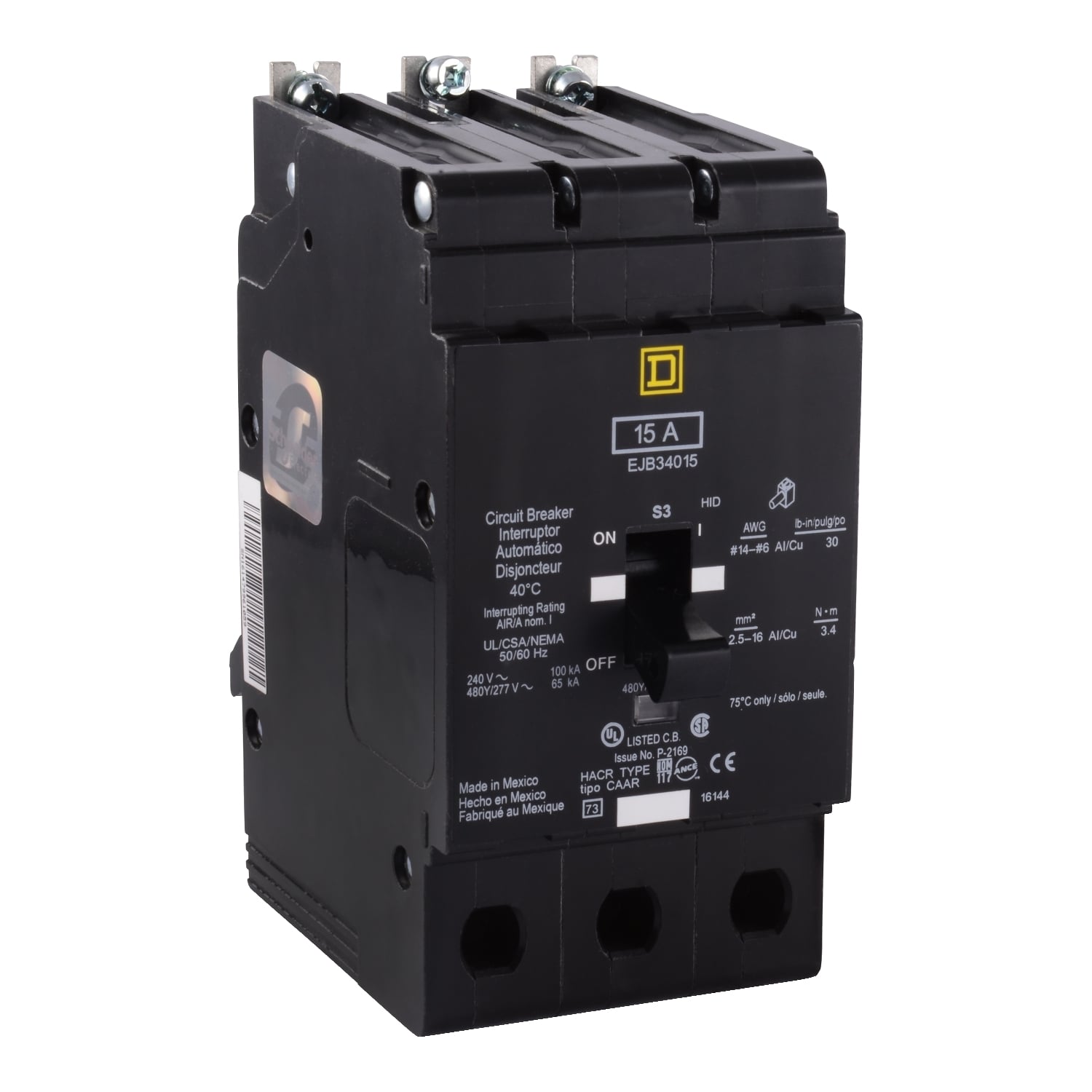EDB34030LH Type EDB Miniature Circuit Breaker, 480Y/277 V AC, 30 A, 18 kA at 480Y/277 VAC, 25 kA at 120/240 VAC Interrupt, 3 Poles, Thermal Magnetic Trip