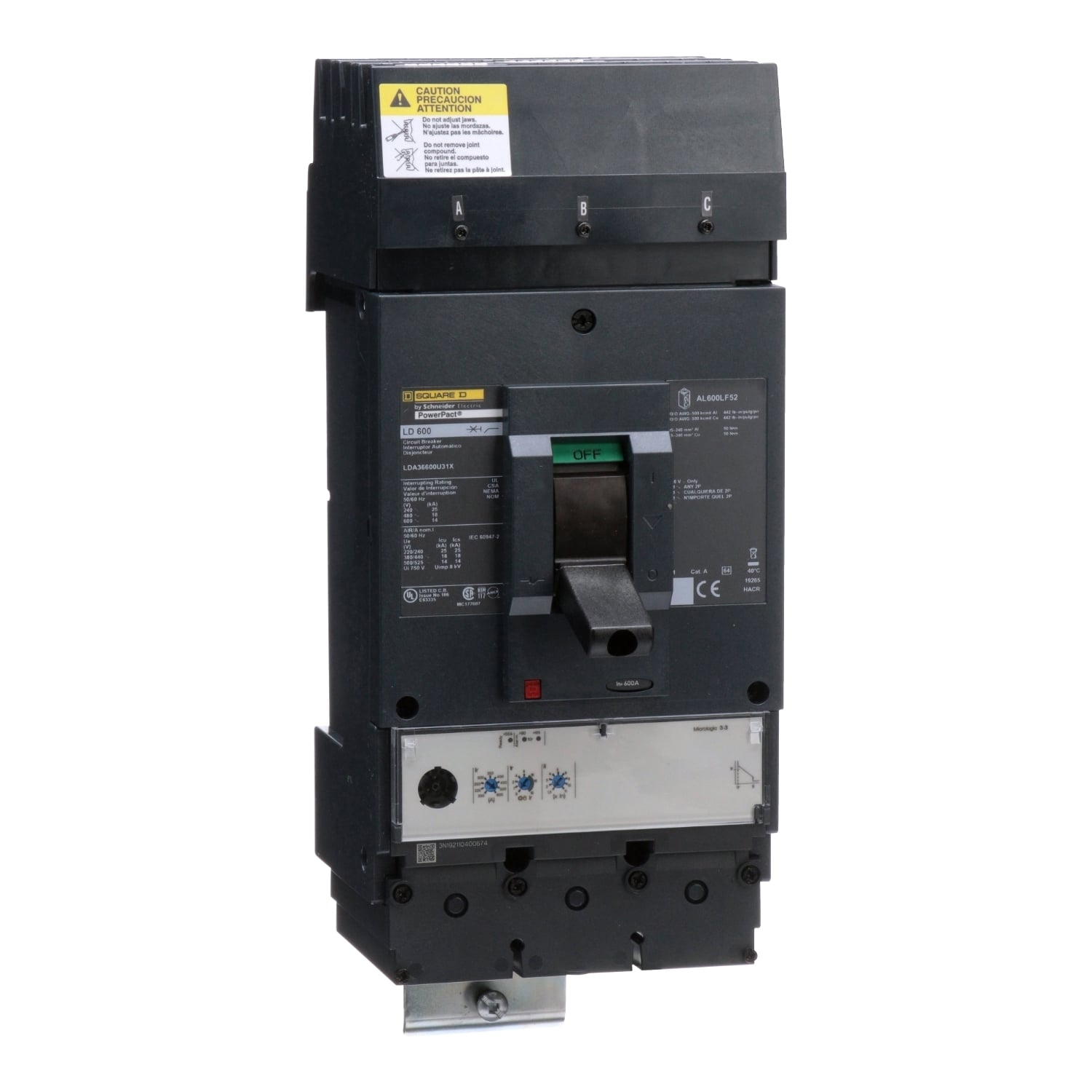 LDA36600U31X I-Line PowerPact L Type LDA Standard Molded Case Circuit Breaker, 600 V AC, 600 A, 25 kA at 240 V AC, 18 kA at 480 V AC, 14 kA at 600 V AC Interrupt, 3 Poles, Electronic Trip