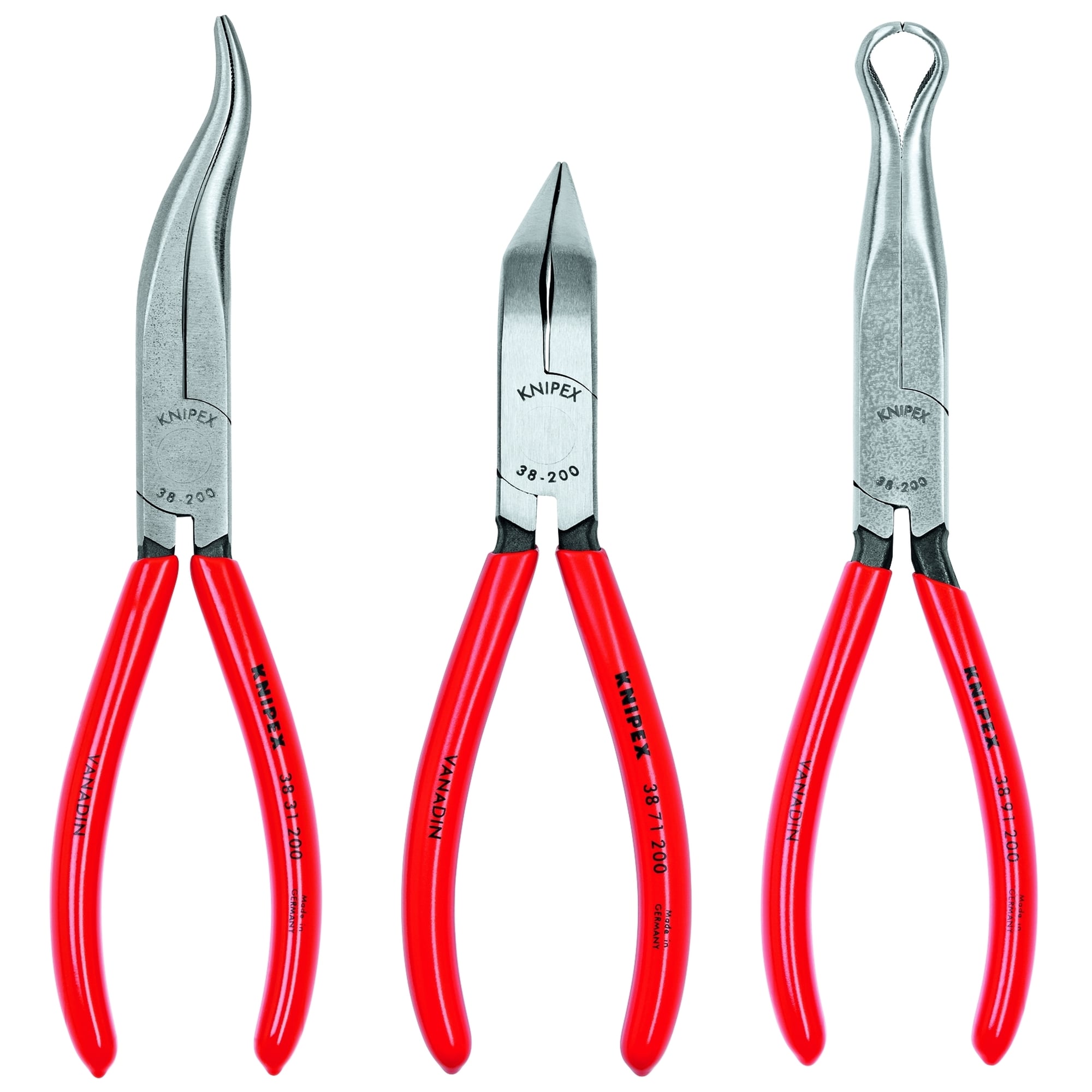 9K 00 80 12 US Long Nose Plier Set, Angled Head, Long Nose, 3 Pieces, Serrated Jaw Surface, ATSM Specified