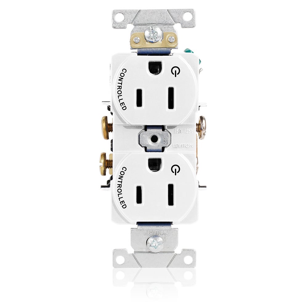 5262-S2W Heavy Duty Narrow Body Straight Blade Duplex Receptacle With 2 Plug Controlled Markings, 125 V AC, 15 A, 2 Poles, 3 Wires, White