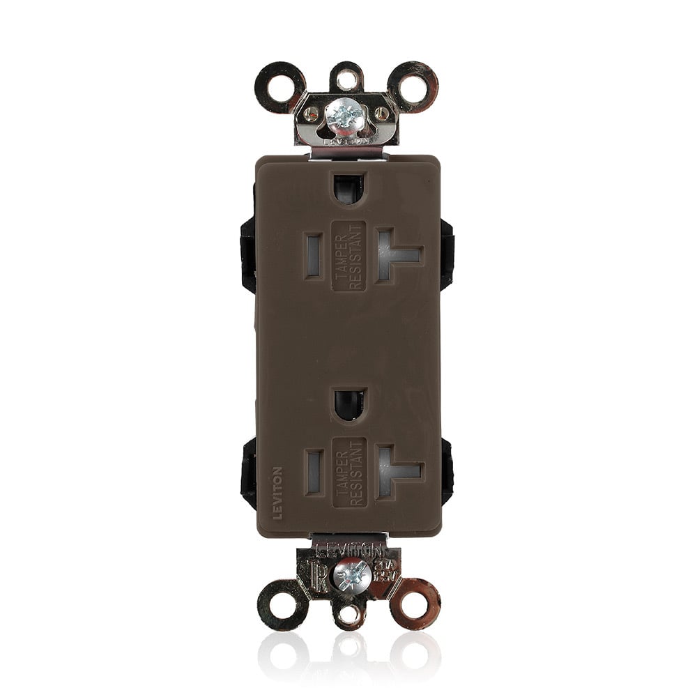 MT163 Decora Plus Lev-Lok 1-Phase Duplex Heavy Duty Self-Grounding Tamper Resistant Straight Blade Receptacle, 125 V AC, 20 A, 2 Poles, 3 Wires, Brown