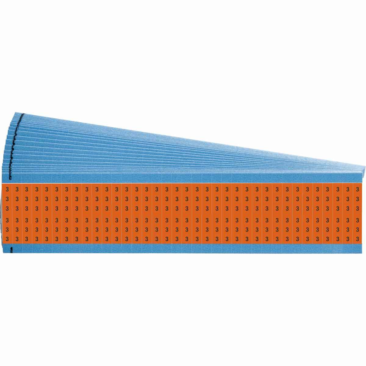 WM-3-OR-PK WM Series Die-Cut Pre-Printed Solid Number Wire Marker Card, 1/4 in W, Black on Orange, B-500 Repositionable Vinyl Coated Fabric, 36 Markers per Card