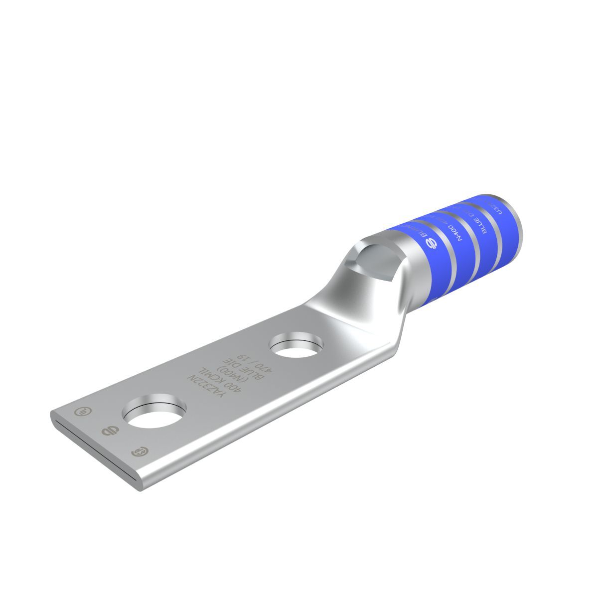 YAZ322N YAZ-2N 2-Hole Compression Lug With Inspection Window, 400 kcmil Stranded Copper Conductor, Die Code: 19/470, 1/2 in Stud, Tin Plated Copper