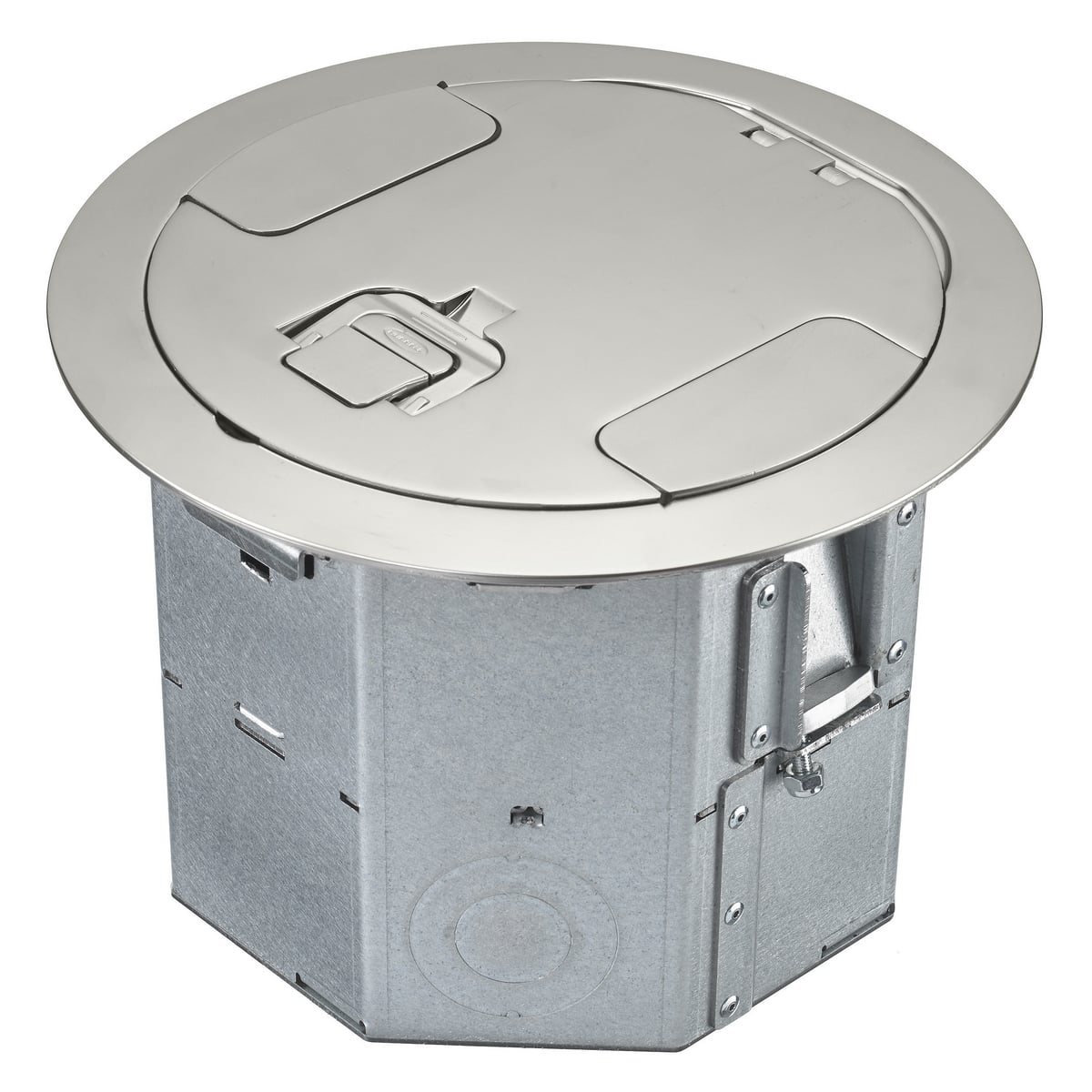 RAFB4NKL Floor Box With Satin Nickel Plated Cover, Composite, 28.5 cu-in Capacity, 4 Gangs, 10 Knockouts, 7.33 in L x 8.05 in W x 6.41 in H
