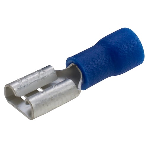 VDFT-14-250-P50 Type VDFT Female Disconnect Terminal, 16 to 14 AWG Conductor, 0.25 x 0.032 in Tab, Brass Alloy, Blue, Insulated
