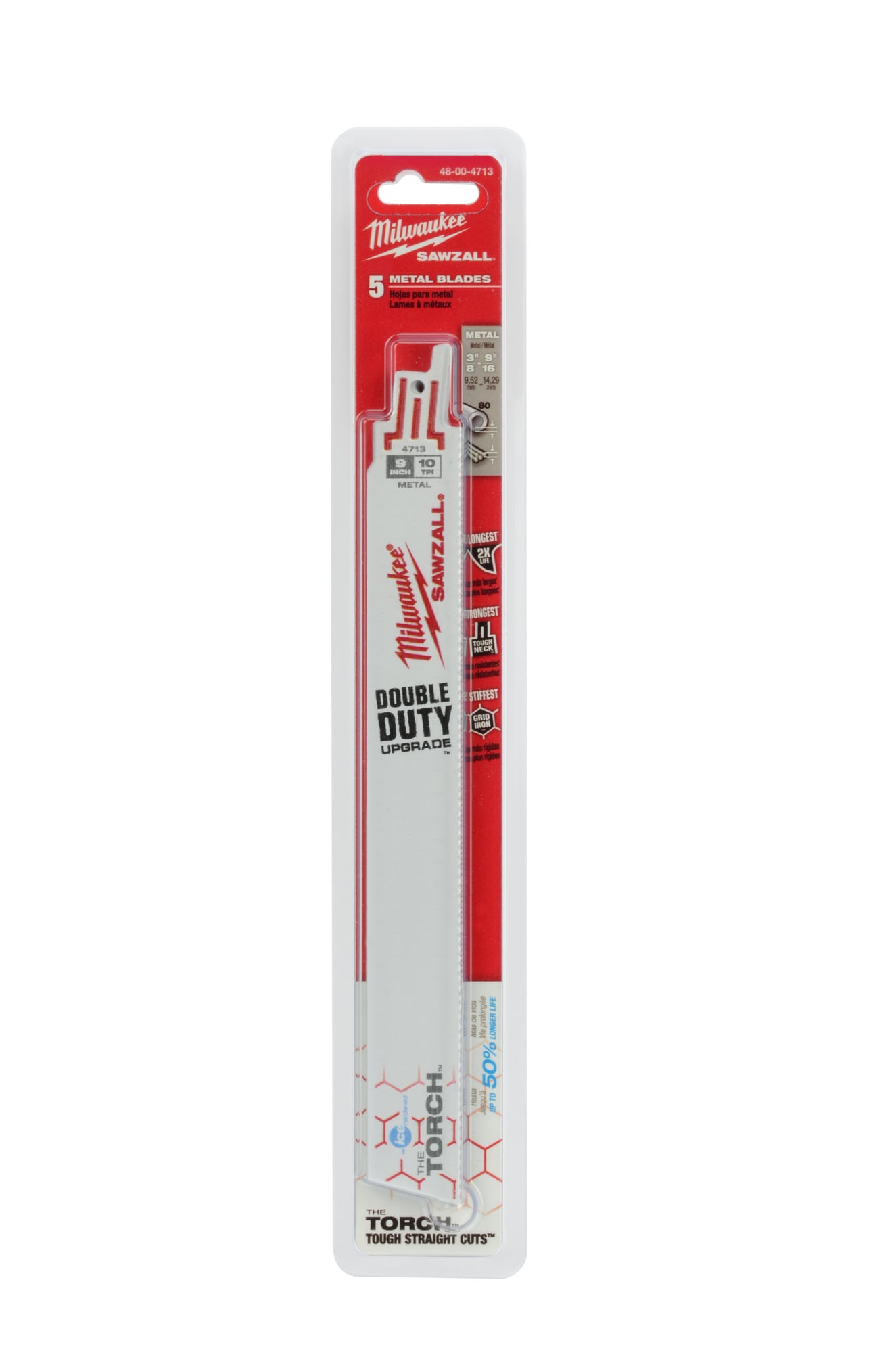 48-00-4713 Sawzall The Torch Ice Hardened Double Duty Straight Back Reciprocating Saw Blade, 9 in L x 1 in W, 10 TPI, Bi-Metal Body, Universal/Toothed Edge Tang