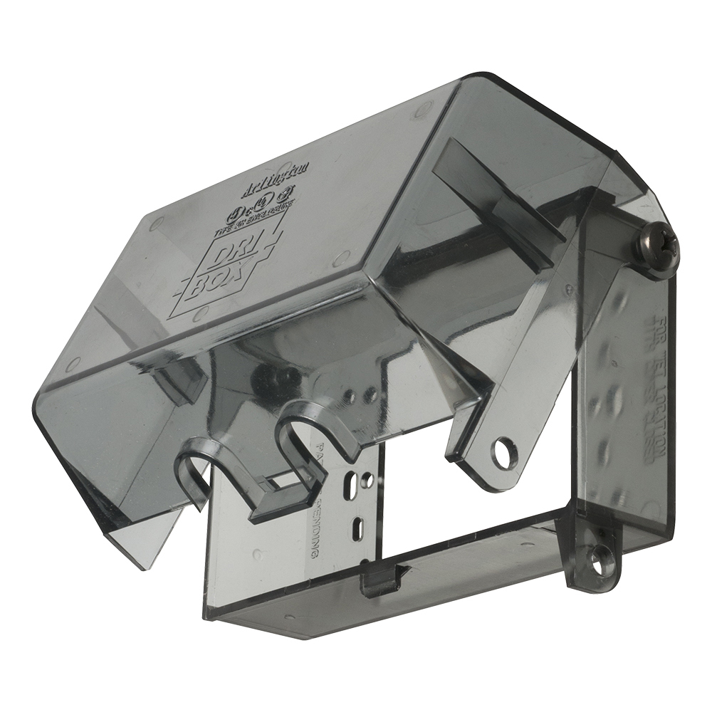 Drybox adapter with non metallic cover and base. single gang. Horizontal clear cover. Depth 2.9"