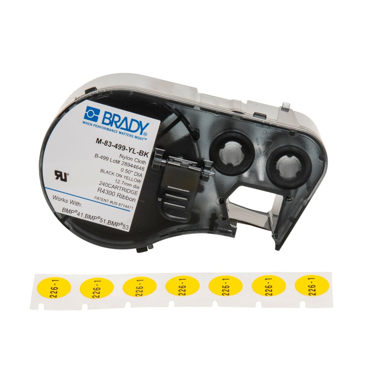 M-83-499-YL-BK M Series Circular Cartridge Label, 3/8 in L x 1/2 in W, For Use With BMP 51 and BMP 53 Label Maker, B-499 Polyamide Coated Nylon Cloth, Black on Yellow