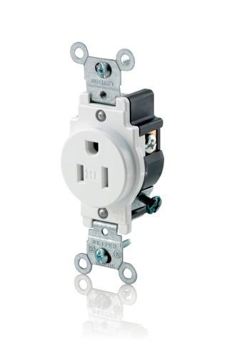 T5015-W Self-Grounding Single Tamper Resistant Straight Blade Receptacle, 125 V AC, 15 A, 2 Poles, 3 Wires, White