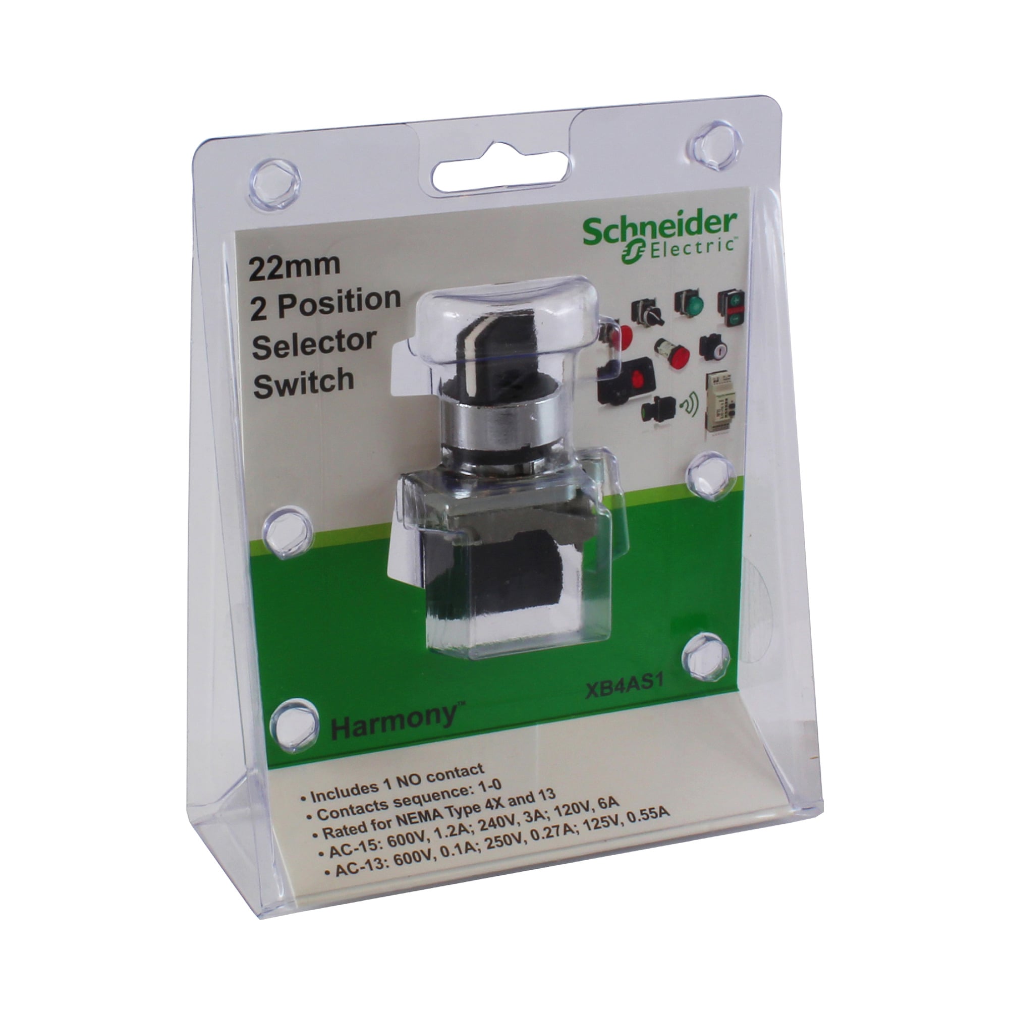 XB4AS1 Harmony Corrosion-Resistant Dusttight/Oiltight/Watertight Round Non-Illuminated Selector Switch, 22 mm, 1NO Contact, Slow Break Contact, Lever Operator, Black