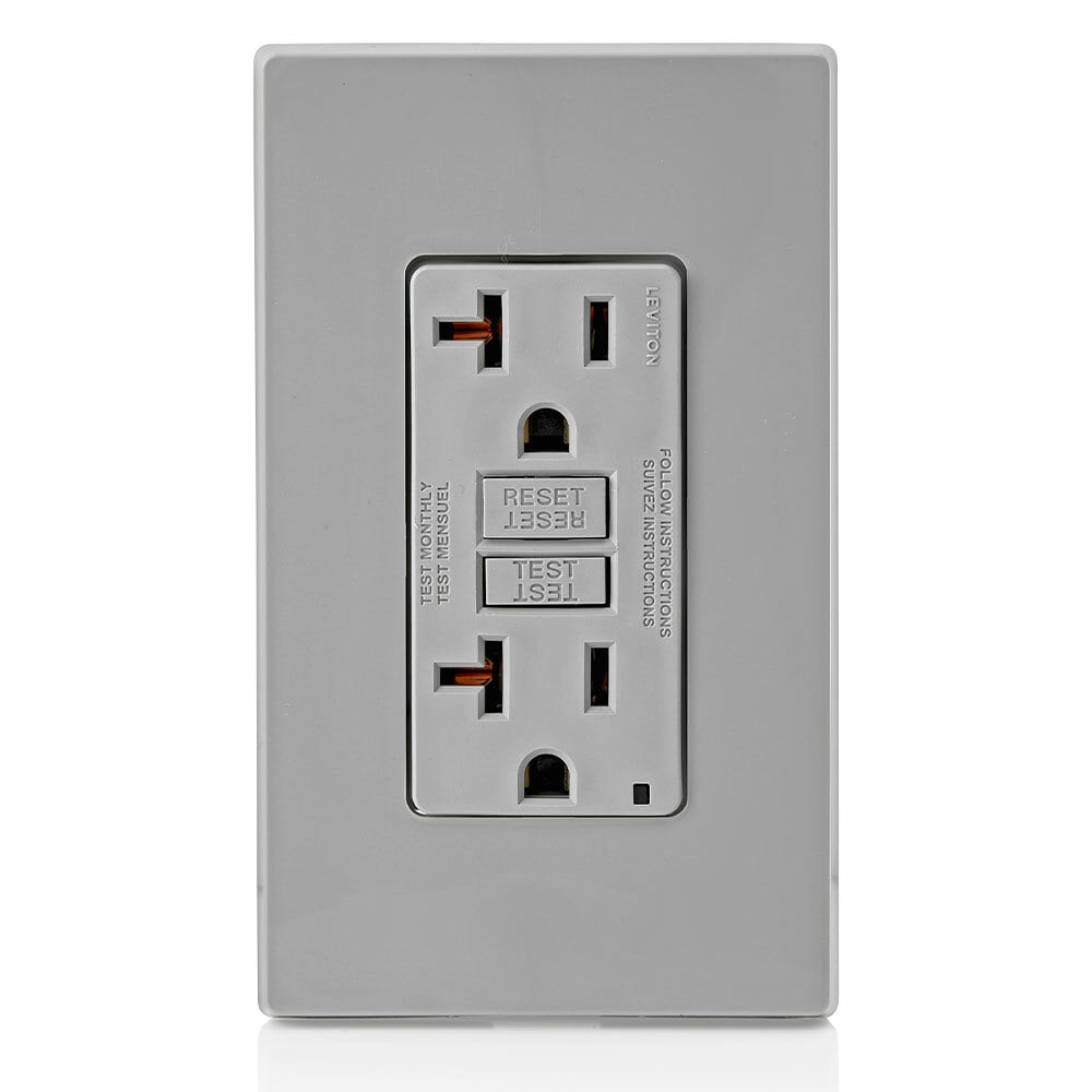 GFNT2-GY SmartlockPro Slim Feed Through Non-Tamper Resistant Self-Test Standard Duplex GFCI Receptacle With LED Indicator, 125 V AC, 20 A, 2 Poles, 3 Wires, Gray