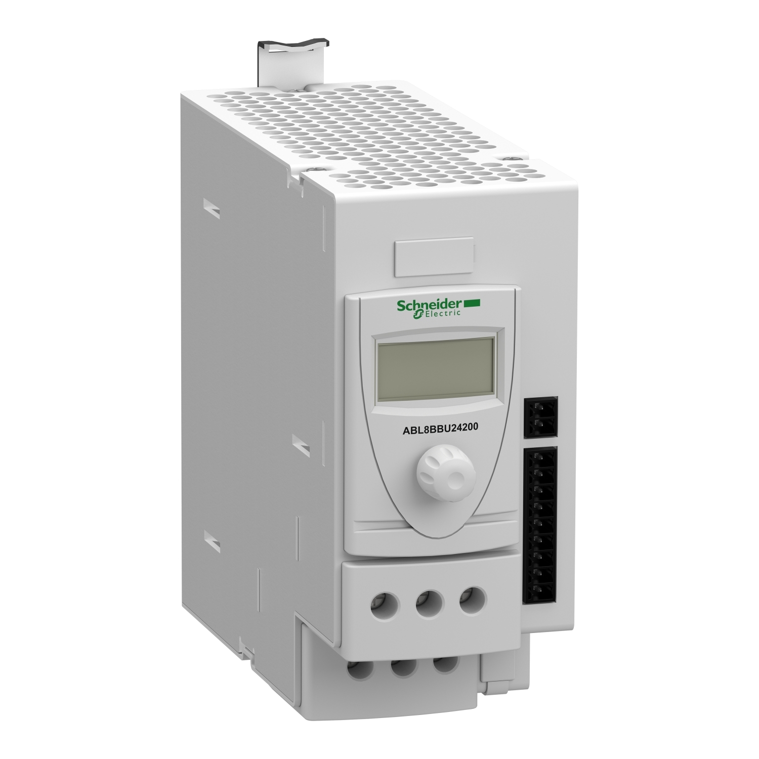 ABL8BBU24200 Phaseo Regulated Switch Mode Battery Control Module, 0.5 V DC Battery Mode, 0.25 V DC Nominal Mode Input, 24 VDC Output, 20 A, DIN Rail Mount