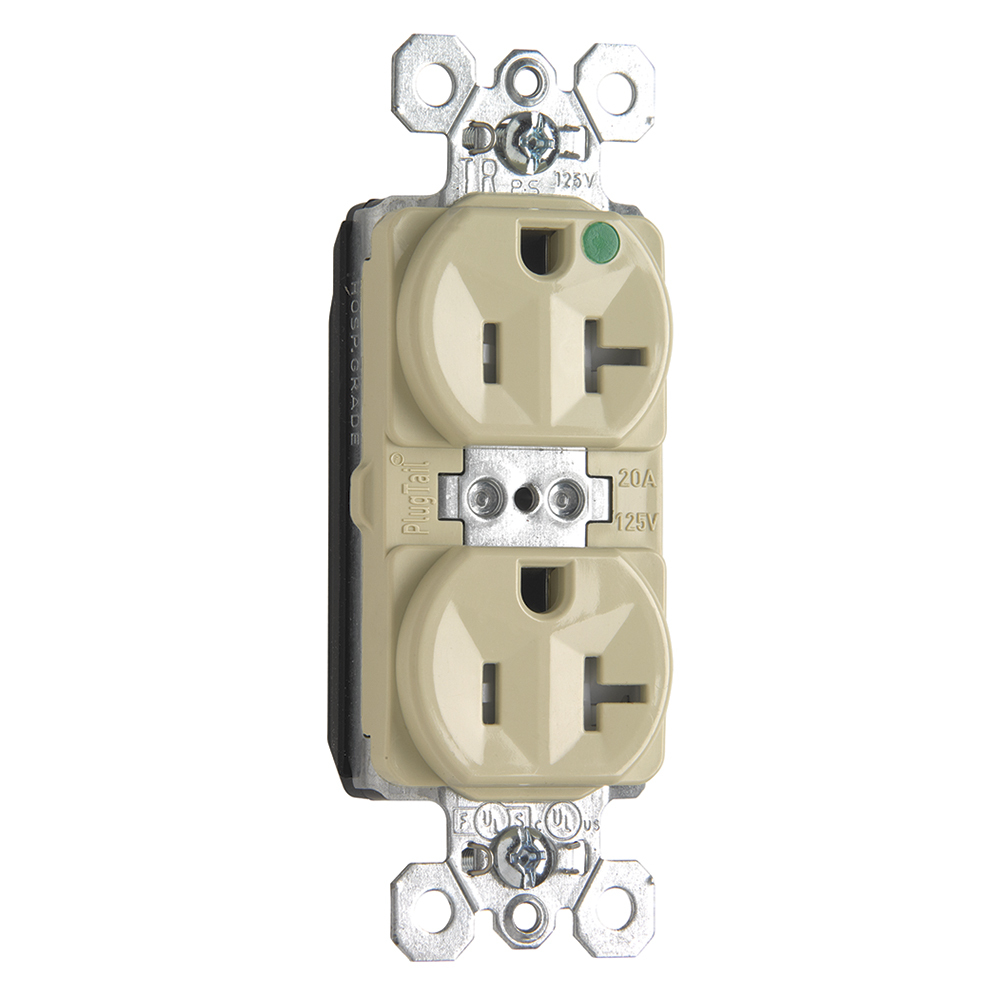 PTTR8300I PlugTail 20 Amp 125V Hospital-Grade Duplex Receptacle, Back and Side Wire, Ivory