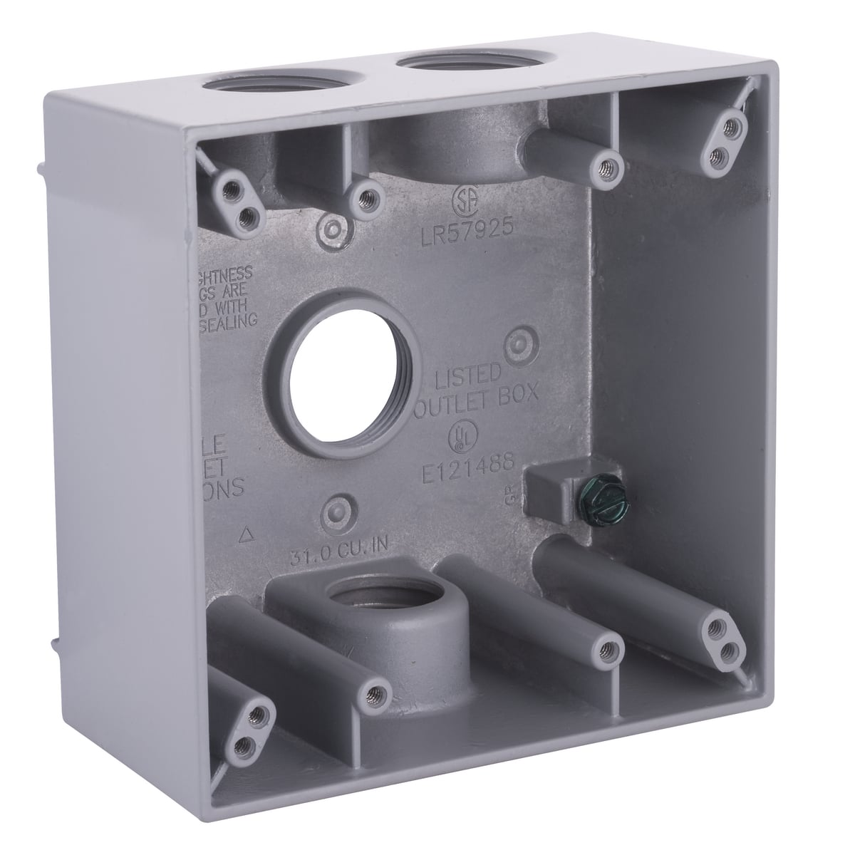 5343-0 Weatherproof Outlet Box With Lugs, Die Cast Aluminum, 31 cu-in Capacity, 2 Gangs, 4 Outlets, 4-1/2 in H x 4-1/2 in W x 2-1/8 in D
